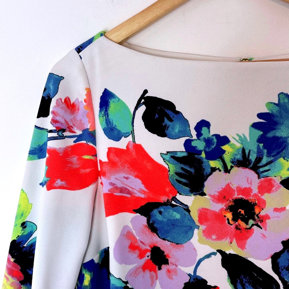 Tahari‎ Arthur S Levine Womens Ivory Floral Bell Sleeve Shift Dress Size 10 - Picture 3 of 9